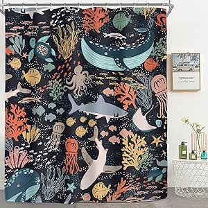 Sage Bathroom Ideas, Sage Bathroom, Shark Shower Curtain, Whale Shower Curtain, Under The Sea Bathroom, Sea Bathroom Decor, Cartoon Underwater, Fish Shower Curtain, Jack Jill Bathroom