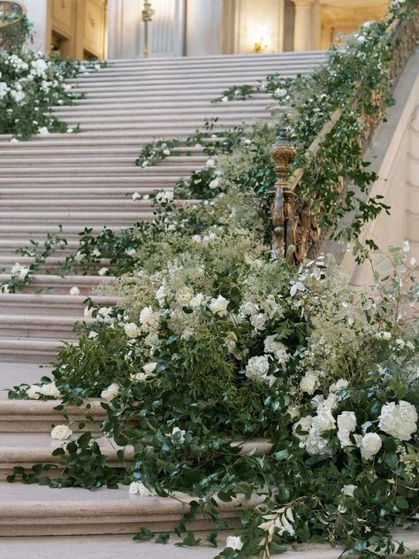 Floral Staircase, Wedding Stairs, Church Aisle, Erich Mcvey, San Francisco City Hall Wedding, Romantic Luxury, Church Wedding Decorations, Wedding Planning Decor, San Francisco City Hall