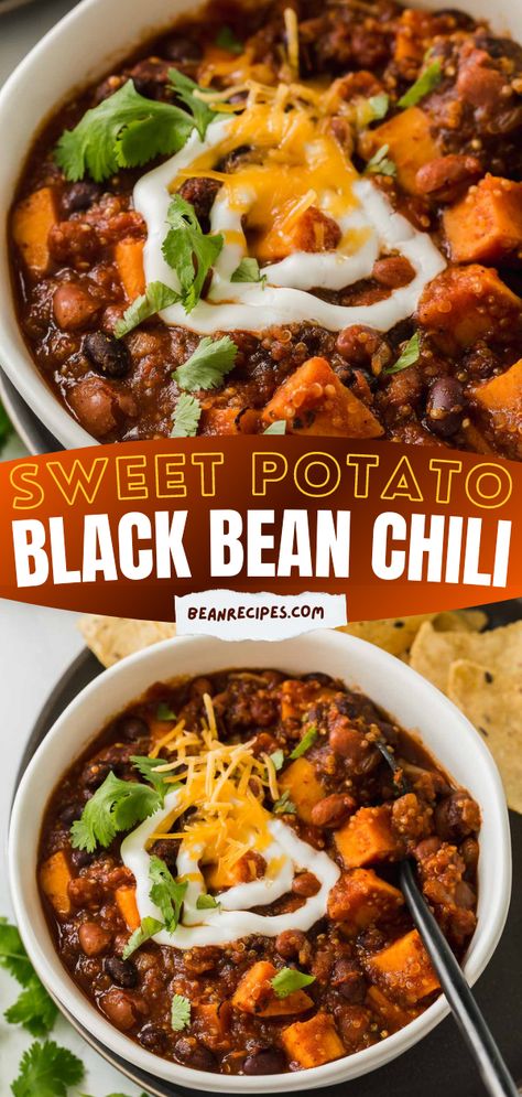 This Sweet Potato Black Bean Chili with Quinoa is a hearty bowl of deliciousness! This simple dinner idea is vegan and perfect for the whole family! Add this to your best dinner recipes! Sweet Potato Black Bean Recipe, Chili With Quinoa, Pressure Cooker Stew, Ground Beef Crockpot, Easy Bean Recipes, Vegan Bean Recipes, Sweet Potato Black Bean Chili, Healthy Main Meals, Vegan Bean