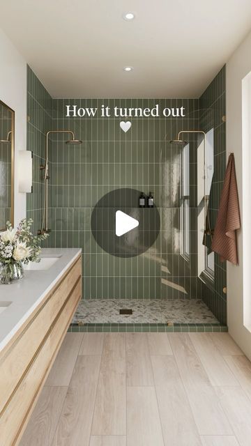 Edward Martin on Instagram: "The perfect pop of color that still feels calm and organic 💚 just what every bathroom needs.

Featuring:

- Teagan 3x12 Glossy Ceramic Tile in Moss
- Aniston 2x2 Matte Porcelain Hexagon Mosaic Tile in Calacatta Cremo
- Jameson 8x48 Matte Porcelain Tile in Latte

#tile #green #design #bathroom #greentile #inspo #bathroomrenovation #statement #bold #color #nature #spa #oasis #bathroominspiration #bathroomideas #aesthetic #greenbeauty #remodeling #bathroomgoals #homedecor #homedesign #houseideas" Bathroom Modern Green Tile, Green Feature Tiles Bathroom, Green Tile Master Bath, Small Bathroom Green Tile, Green Tiles In Bathroom, Wood Tile Floor Bathroom, Green And Wood Bathroom, Green Tile Bathroom Floor, Bathroom Green Tiles