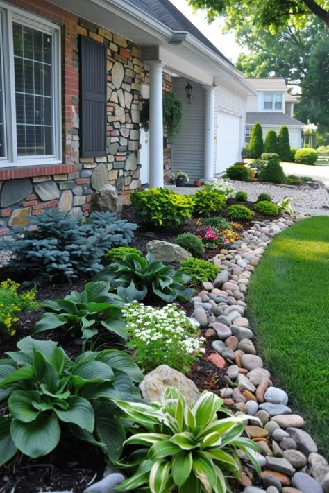 Use native plants that are well-suited to your local climate for a natural, sustainable look. Front Garden Bed Landscaping, Landscaping Beds With Rock, Landscape Around The House, Front Yard Landscaping Minnesota, Island Landscaping Ideas Front Yards, Sloped Landscape Ideas, House Border Landscape, Front Of House Landscape Ideas Farmhouse, Front Of The House Landscaping Ideas