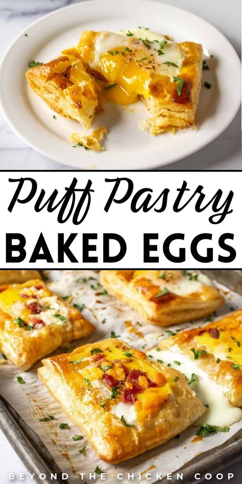 Perfect for breakfast or brunch, these puff pastry baked eggs are easy to make with homemade or store-bought puff pastry dough. These baked eggs are the perfect combination of flaky, buttery pastry and a delicious egg. You can add your favorite toppings or leave them plain. Make breakfast a celebration with these breakfast egg tarts! Puff Pastry Breakfast Cups, Puff Pastry And Egg Recipes, Puff Pastries Breakfast, Egg Poppers Breakfast, Pastry Dough Dinner Ideas, Phyllo Dough Egg Recipes, Easy Breakfast Ideas Puff Pastry, Puff Pastry And Eggs, Puff Pastry Boats