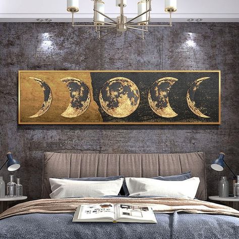 Gold Foil Art Canvas, All Moon Phases, Big Picture Frames, Moon Canvas Art, Forest Abstract, Golden Night, Moon Canvas, Canvas Wall Art Living Room, Gold Foil Art