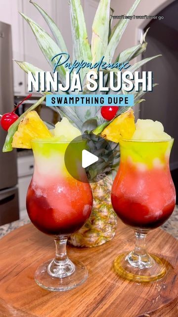 Lawanna Lux on Instagram: "Copycat Pappadeaux Swampthing Recipe 

The most ordered cocktail at Pappadeaux’s seafood kitchen. 

The Pappadeaux’s swampthing includes a layer of raspberry liqueur, frozen hurricane, frozen margarita, topped with Midori liqueur.

#ingredients 
Ninja Machine (1) 
Margarita: 
28-30 oz Margarita ready mix
1/4 ounce sweet-and-sour mix
Agave to your liking 
1/2 cup tequila 
3 cup water 

Ninja Machine (2) 
Hurricane: 
1 750 ml bottle Bacardi Hurricane
Grenadine to your liking
1/2 cup Bacardi rum ( you don’t have to add more it already contains liquor).
3 cups water ( only if you add more liquor). 

#ninjaslushimachine 
#ninjablender 
#ninjaslushi 
#ninjaslushimaker 
#slushi 
#slushy 
#frozendrinks 
#ninja 
#recipe" Liquor Slushies Frozen Drinks, Ninja Drink Recipes, Ninja Slushie Recipes Margarita, Ninja Slushie Recipes Alcohol, Ninja Slushie Machine Recipes, Ninja Slushie Recipes, Pappadeaux Recipe, Slushie Recipes, Slushie Machine