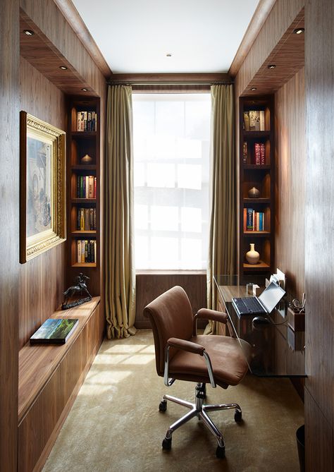 INTERIOR DESIGN ∙ LONDON HOUSES ∙ KNIGHTSBRIDGE - Todhunter EarleTodhunter Earle Tiny Office, Narrow Rooms, Interior Design London, London Houses, Office Library, Small Home Office, Work Spaces, Home Office Space, Home Office Ideas