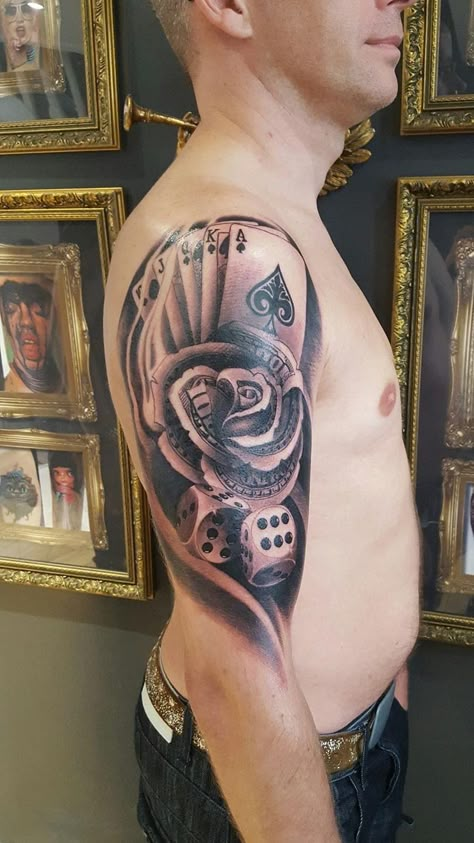 Gambler Tattoo, Gambling Tattoos, Card Tattoos, Playing Card Tattoos, Revival Tattoo, Chicano Tattoos Sleeve, Black Demon, Winning Tattoo, Money Tattoo