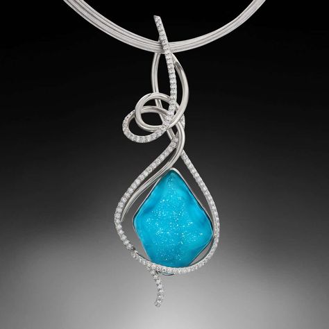 Modern Pendant Design by Adam Neeley. Muse Gem Silica Pendant is spirited and elegant. This unique pendant features a stunning gem silica chrysocolla with sparkling druzy surfaces, complemented by playful and delicate lines of white gold with diamond accents. Gem Silica Chrysocolla, Beach Studio, Gem Silica, Modern Jewellery Design, High End Jewelry, Family Jewellery, Smithsonian Institution, Gold Chain Jewelry, Best Jewelry Stores