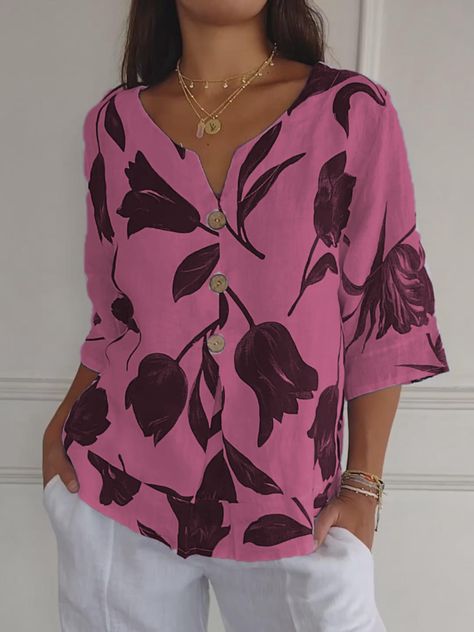 Printed V-neck Tunic Top Printed Tops For Women, Stylish Tunic Tops, Stylish Tunic, Mid Length Sleeves, Linnet, Short Sleeve Pullover, Pullover Shirt, Printed Linen, V Neck Blouse