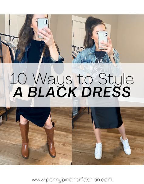 How to Accessorize a Black Dress Black Dress With Tshirt Outfit, Black Dress With Oversized Shirt, Denim Shirt Over Black Dress, Black Dress Denim Shirt Outfit, Black Dress With Jean Shirt, Black Midi Dress Accessories, How To Style A Black T Shirt Dress, Casual Tshirt Dress Outfits, Dress Down A Black Dress