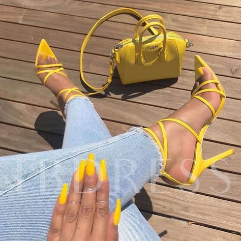 Neon Buckle Strappy Stiletto Heel Open Toe Plain Sandals Francisca Core, Kardashian Waist Trainer, Successful Girl, Designer Tights, Natural Gel Nails, Shoe Heels, Girl Sandals, Yellow Heels, Female Shoes