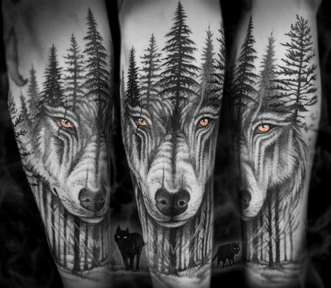 Wolf And Woods Tattoo, Wolf In Trees Tattoo, Wolf In The Woods Tattoo, Wolf Woods Tattoo, Wolf In Woods Tattoo, Mountain Sleeve Tattoo, Feather Tattoo For Men, Woods Tattoo, Wolf Pack Tattoo