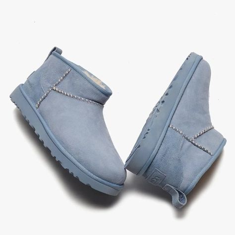 MadHappy x UGG Ultra-mini  boot slippers. Light blue Ugg Ultra Mini Boots, Ultra Minis, Blue Uggs, Ultra Mini Uggs, Ultra Mini Boots, Cute Uggs, Uggs With Bows, Light Blue Shoes, Boot Slippers