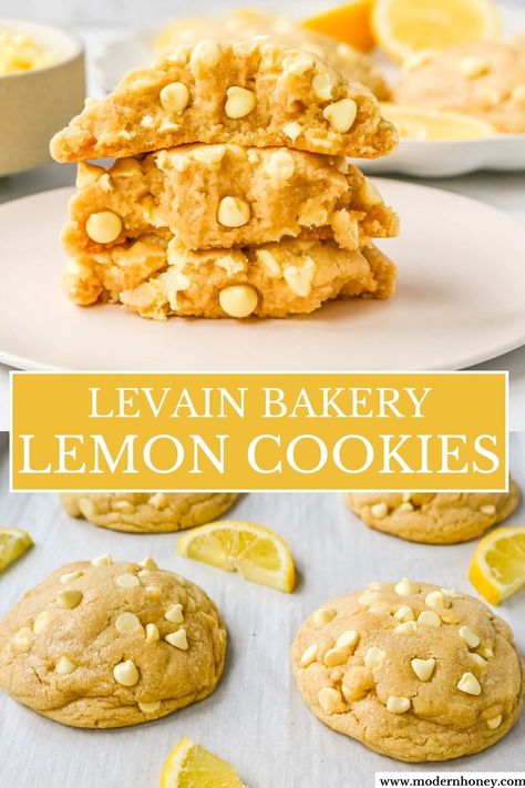 Levain Bakery Lemon Cookies Lemon Chips, Levain Cookie Recipe, Levain Cookies, Modern Honey, Lemon Crinkle Cookies, Lemon Cookies Recipes, Bakery Cookies, Levain Bakery, Lemon Sugar Cookies