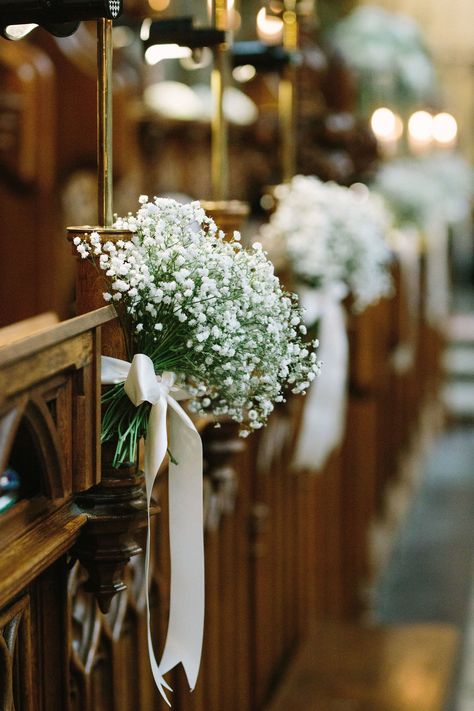 Church Pew Flowers, Wedding Flower Arrangements Church, Church Wedding Decorations Aisle, Simple Church Wedding, Church Aisle Decorations, Gypsophila Wedding, Wedding Church Decor, Wedding Pews, Church Wedding Flowers