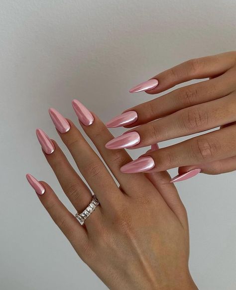 Strip Nails, Pink Chrome Nails, Stripped Nails, Pink Chrome, Chrome Powder, Glamorous Nails, Small White Flowers, Marble Nails, Birthday Nails