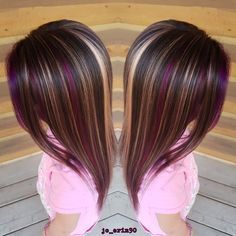 Highlights With Purple Lowlights, Purple And Blond Highlights, Dark Purple Blonde Hair, Brown Hair With Blonde And Purple Highlights, Dark Brown Hair With Blonde And Purple Highlights, Purple Blonde Black Hair, Blonde And Purple Highlights Brown Hair, Blonde And Violet Highlights, Purple Highlighted Hair