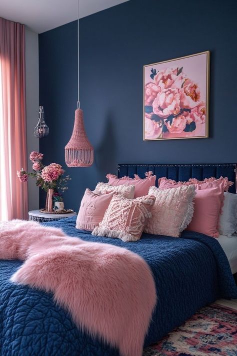 Pink And Blue Apartment Aesthetic, Blue Pink Bedroom, Moody Maximalist, Blue And Pink Bedroom, Tiki Decor, Wall Colour, Classy Bedroom, Bedroom Remodel, Pink Bedrooms