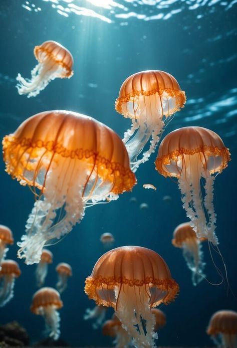 Orange jellyfish swimming in blue ocean water Jellyfish Photography Underwater, Real Jellyfish Photography, Sea Life Pictures, Seacore Aesthetic, Jelly Fishes, Marine Life Photography, Jellyfish Species, Beautiful Jellyfish, Chat Wallpaper