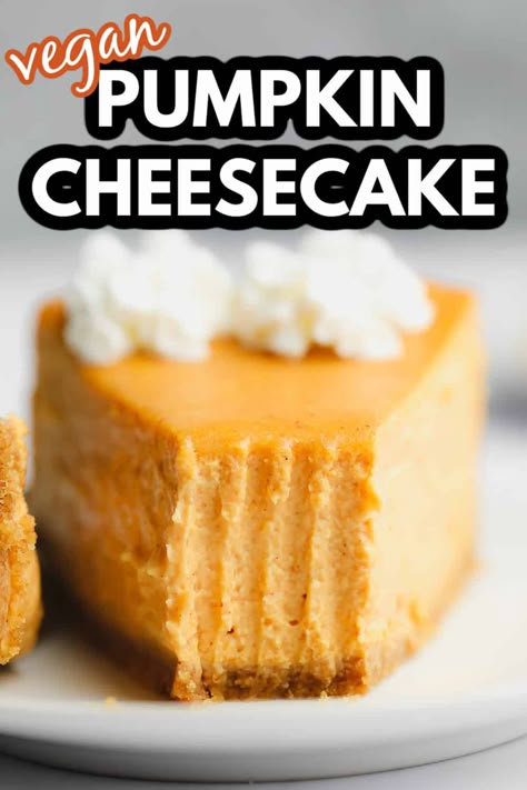 Vegan Pumpkin Cheesecake Dairy Free Pumpkin Cheesecake, Nora Cooks Vegan, Vegan Pumpkin Cheesecake Recipe, Vegan Pumpkin Cheesecake, Layered Pumpkin Cheesecake, Vegan Bites, Nora Cooks, Vegan Thanksgiving Dinner, Thanksgiving Vegan