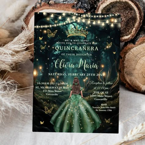 Enchanted Forest Emerald Green Dress Quinceañera Invitation Green Dress Princess, Enchanted Forest Background, Invitation Quince, Forest Emerald Green, Enchanted Forest Quinceanera, Quinceañera Invitation, Dress Quinceanera, Emerald Green Dress, 16th Birthday Invitations