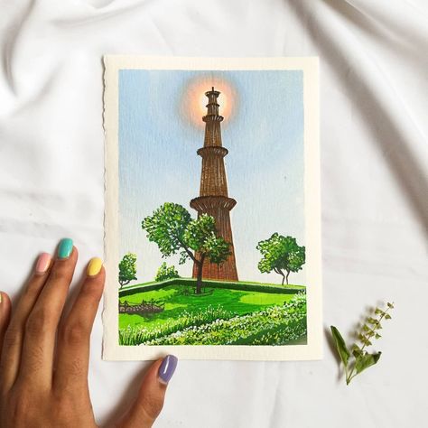 54/100 for my #100dayproject2020  This post is in collaboration with @emma.wtj . We came up with the theme of "place from our city/country". I am from Delhi,India and I decided to paint Qutub Minar view for this one😃 Swipe to her beautiful Painting as she is from Phillipines, she painted beach 😃 . . I absolutely loved how the sun turned out in this picture 😃 . . Paper : @magnani1404 300gsm 100% cotton watercolour paper Paints : @brustro_official Gouache Brush: @camlin_official  . . Time taken Qutub Minar Painting, Qutub Minar Drawing, Heritage Paint, Qutub Minar, 100 Day Challenge, Watercolour Ideas, India Country, Beautiful Painting, Watercolour Paper