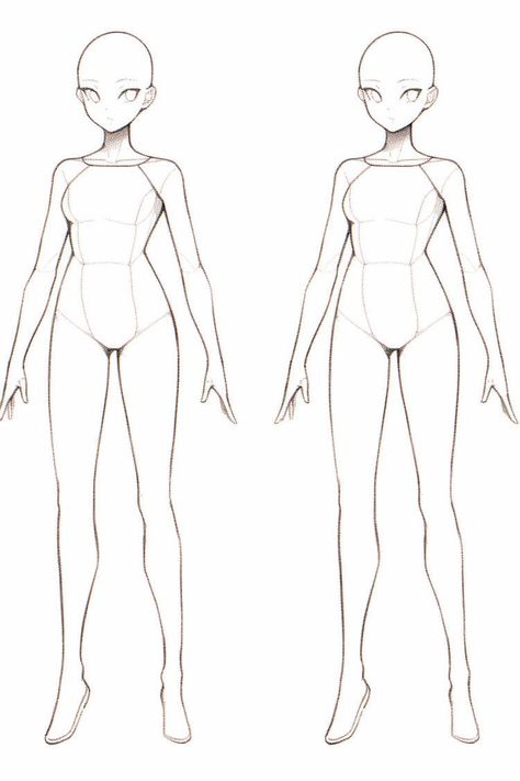 Basic Anime Anatomy, Anime Female Full Body Reference, Anime Body Type Reference, Anime Character Proportions, Sketch Poses Female Standing, Body Anatomy Reference Female, Plain Character Base, Anime Character Body Base, Full Body Reference Sheet