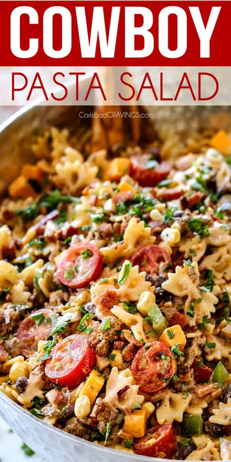 Cowboy Pasta Salad with the BEST Dressing! - Carlsbad Cravings Cowboy Pasta Salad, Cowboy Dinner, Cowboy Pasta, Cowboy Salad, Family Pasta, Resep Pasta, Carlsbad Cravings, Best Pasta Salad, Resep Salad