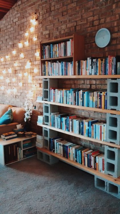 Diy Bookshelf Design, Cinder Block Furniture, Lots Of Books, Bookshelf Design, Cinder Block, Bookshelves Diy, Home Libraries, Book Shelves, Diy Shelves