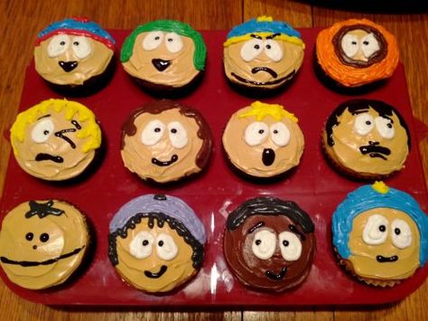 Southpark Cupcakes South Park Cake Pops, South Park Cake, Funny Cupcakes, Cartoon Cupcakes, Character Cupcakes, Park Birthday, Cute Baking, Just Cakes, Cute Desserts