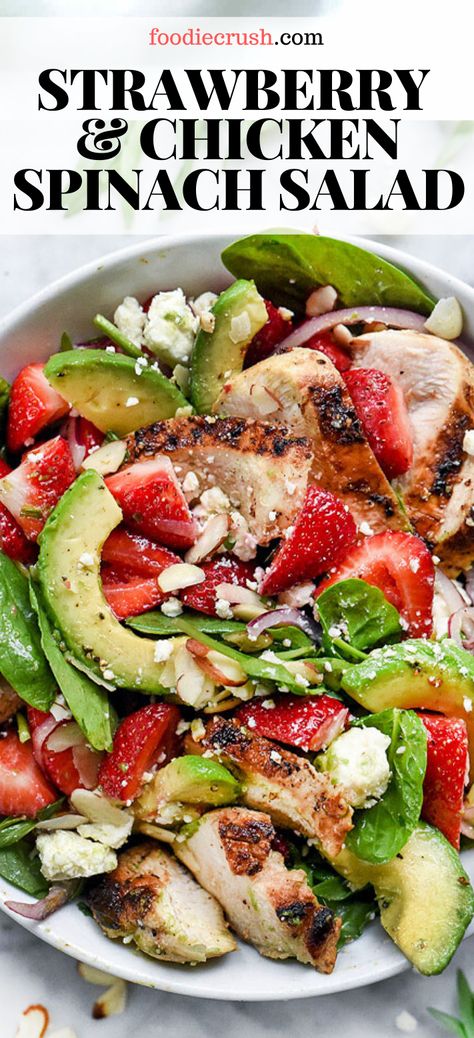 Strawberry Avocado Spinach Salad, Healthy Lunch Dinner, Avocado Spinach Salad, Spinach Salad With Chicken, Salad Spinach, Strawberry Spinach Salad, Strawberry Avocado, Salad With Chicken, Salad Recipes Healthy Easy