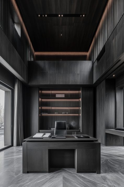 Make your home office modern and organized with sleek black furniture and decor. Mafia Office, Black Mansion, Home Office Modern, Modern Office Interiors, House Concept, Mark Cuban, Mafia Boss, Boss Office, Modern Mansion