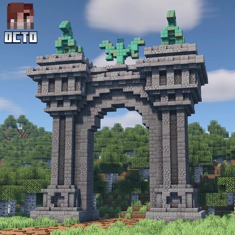 Minecraft Arch Way Designs, Minecraft Big Entrance Ideas, Minecraft Castle Archway, Minecraft Archway Design Ideas, Minecraft Building Entrance, Elden Ring Minecraft Build, Gargoyle Minecraft, Minecraft Mountain Tunnel, Minecraft Huge Base