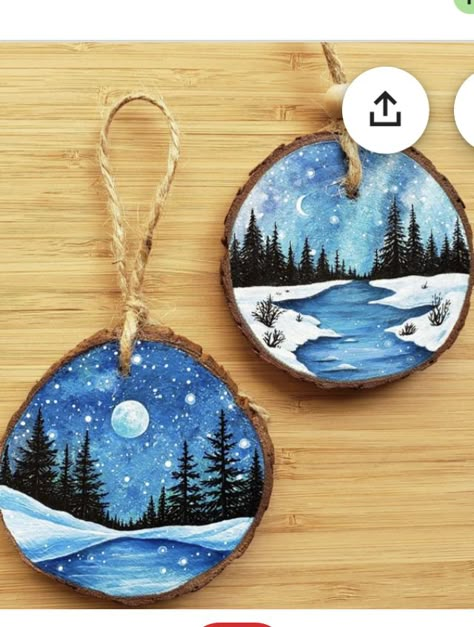 Wood Painted Ornaments, 2024 Ornaments, Painted Snowflakes, Wood Slice Christmas Ornaments, Lights Painting, Christmas Pebble Art, Ornament Painting, Handpainted Christmas Ornaments, Northern Lights Painting