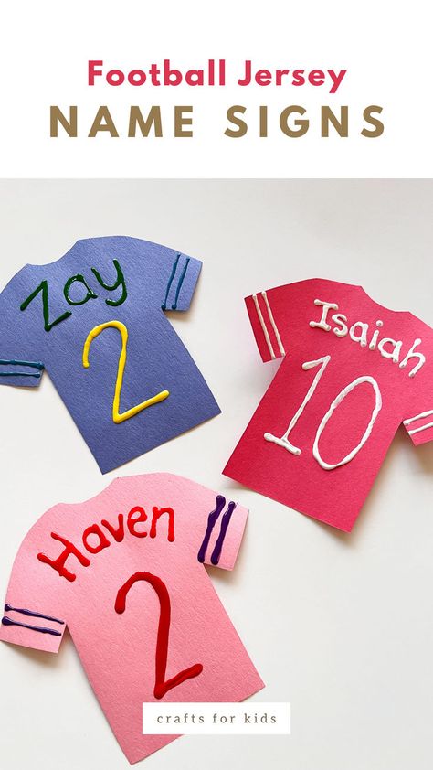 football jersey name sign craft for kids Sports Week Activities For Kids, Summer Sports Crafts, Super Bowl Crafts, School Spirit Crafts, Team Spirit Crafts, Sport Themed Crafts, Kids Sports Crafts, Sports Activities For Kids, Put God First