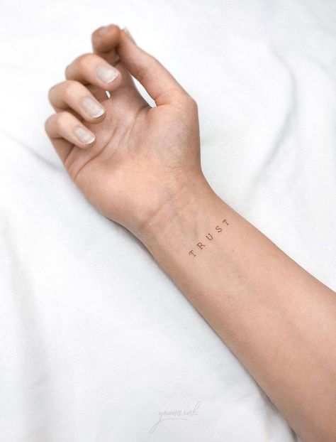 Tiny Lettering Tattoo, Fineline Tattoos Minimalist, Minimal Tattoo Words, Delicate Tattoo Minimalist, Trust Yourself Tattoo, Trust Tattoo Ideas, Trust Tattoos, Tattoo Ideas Delicate, Tattoo Typewriter