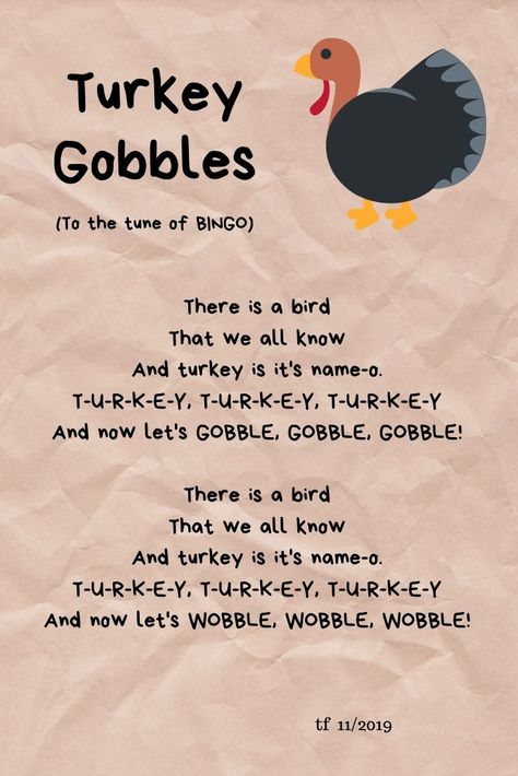 Turkey Song to the tune of BINGO - easy turkey song for story time Fine Motor Thanksgiving Activities For Preschoolers, Turkey Rhymes Preschool, Thankful Lesson Plans For Toddlers, November Toddler Lesson Plans, Prek November Themes, November Preschool Songs, November Themes Preschool, November Activities For Infants, Thanksgiving Lessons For Preschool