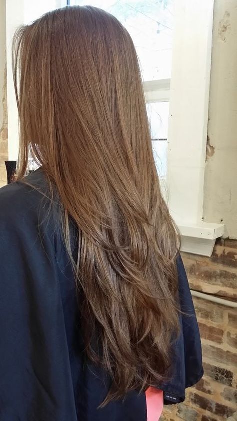 Brown Hair Colors Long Layers, Brunnete Long Hair Aesthetic, Straight Long Brown Hair With Layers, Triangle Layers Haircut Long Hair, Layers Brown Hair Long, Blonde Long Layers Straight, Layers For Long Brown Hair, Brown Layered Hair Long, Layers For Long Hair Brown