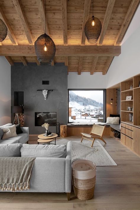 Modern Chalet Interior, Ski Chalet Interior, Chalet Modern, Chalet Living Room, Mountain House Interior, Luxury Chalet Interior, Chalet Interior Design, Ski House Decor, Mountain Interiors