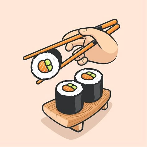 Food Drawing Sushi, Sushi Vector Illustrations, Drawing Of Sushi, Cartoon Sushi Drawing, Sushi Drawing Aesthetic, Sushi Cute Drawing, How To Draw Sushi, Sushi Art Drawing, Sushi Drawing Easy