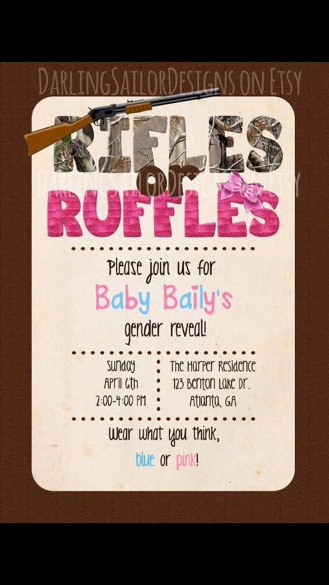 Cute country gender reveal invitations. Would be cute for a future Seale :) @Amber Kroenke Camo Gender Reveal, Country Gender Reveal, Baby Reveal Party, Gender Reveal Party Ideas, Reveal Party Ideas, Gender Party, Baby Gender Reveal Party, Gender Reveals, Gender Reveal Invitations