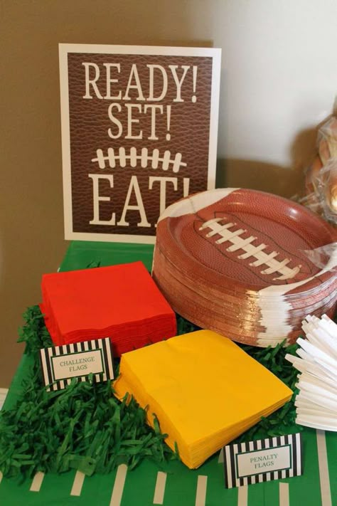 Ready to eat at a football birthday party! See more party planning ideas at CatchMyParty.com! Football Themed Birthday Party, Super Bowl Party Ideas, Football Banquet, Football Party Ideas, Football Baby Shower, Football Parties, Sports Theme Birthday, Sports Birthday Party, Football Theme Party