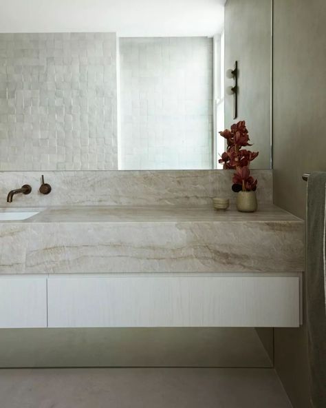 The Local Project | Project Feature • The pursuit of harmony guided the design philosophy for Equanimity. @mckarchitects and @atelieralwill soften the existing… | Instagram Taj Mahal Quartzite, Wall Bench, Stone Vanity, New House Bathroom, House Bathrooms, Stone Bathroom, Front Rooms, The Local Project, Interior Bathroom