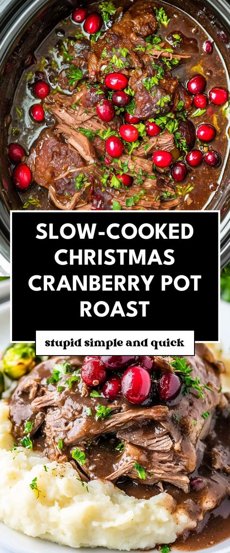 Image for Slow-Cooked Christmas Cranberry Pot Roast Recipe For Roast In Crock Pot, Roasts In Crockpot, Gourmet Pot Roast, Pot Roast For Christmas Dinner, Pot Roast With Cranberry Sauce, Best Roast For Crockpot, Different Pot Roast Recipes, Red Meat Christmas Dinner, Christmas Roast Beef Dinner Crock Pot