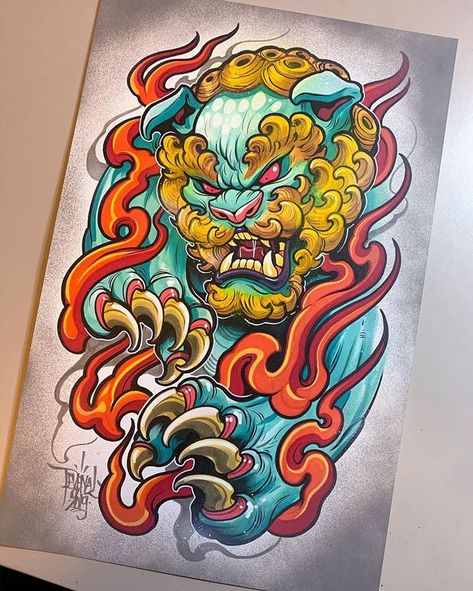 Foo Dog Colored Tattoo Design, Traditional Tattoo Illustration, David Tevenal, Tato Irezumi, Dog Tattoo Design, Japanese Foo Dog, Foo Dog Tattoo Design, Foo Dog Tattoo, Colored Tattoo Design