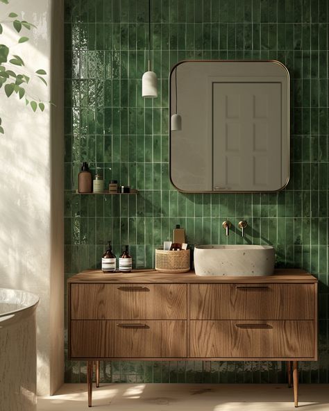 On Day 2 of our 15-day Trendy Material challenge, the SMART TILES Peel and Stick Backsplash stands out with its quick, cost-effective installation and high-end look, perfect for bathroom renovations. These 3D adhesive tiles are easy to install, durable, and humidity-resistant, making them ideal for DIY projects. Highlighted is a bathroom with emerald green tiles, a walnut vanity, brass accents, and a modern oval mirror, showcasing the tiles' elegance and functionality. Green Stacked Tile, Bathroom Remodel Backsplash, Glass Brick Window, Modern Half Bath, Backsplash Colors, Bathroom Ideas Mirrors, Green Bathroom Tile, Stacked Tile, Brick Window