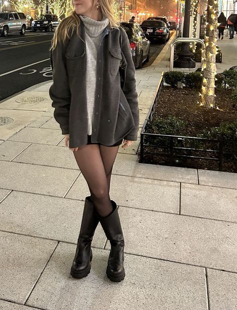 @mscarvaci Mini Sweater Dress With Boots, Knee High Boot Outfits Fall, Knee High Steve Madden Boots, Turtleneck Mini Skirt Outfit, Black Boot Skirt Outfit, Steve Madden Chunky Boots Outfit, Black Mini Skirt Black Tights, Mini Skirt With Tights Outfit Winter, Turtleneck Sweater With Skirt