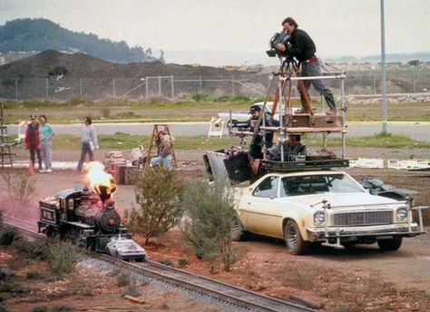 Movie Magic: Makeup, Puppets, Miniatures  Image: filming the miniature train model for Back to the Future Part 3 (1990)  Visual Effects by Industrial Light & Magic Movie Secrets, Movies Behind The Scenes, Train Scene, Delorean Time Machine, Train Crash, Michael J Fox, Movie Making, Destination Voyage, Movie Sets