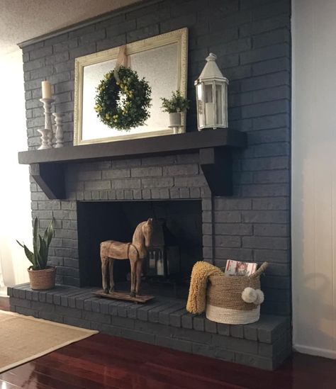 Dark Gray Mantle, Decorate Black Fireplace, Grey Painted Brick Fireplace, Painted Chimney, Dark Brick Fireplace Decor, Painted Fireplace Brick Black, Black Fireplace Ideas Brick, Peppercorn Fireplace, Black Fireplace Mantle Decor