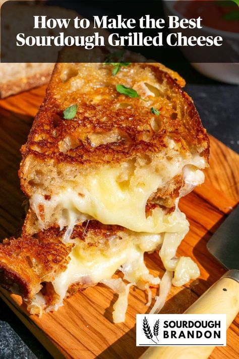 Two slices of sourdough grilled cheese with gooey cheese on a cutting board. Sourdough Grilled Cheese, Grilled Cheese Recipes Gourmet, Homemade Grilled Cheese, Perfect Grilled Cheese, Gourmet Grilled Cheese, Best Grilled Cheese, Grilled Cheese Recipes, Garlic Butter Chicken, Cheese Sandwich