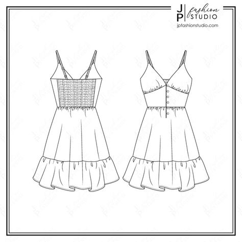 Fashion Illustration Flat Sketches, Garment Flat Sketches, Garment Sketches Fashion Illustrations, Flat Illustration Fashion, Flat Sketch Of Dress, Flat Dress Sketch, Flat Sketches Dress Front And Back, Dresses Flat Sketch, Sundress Drawing